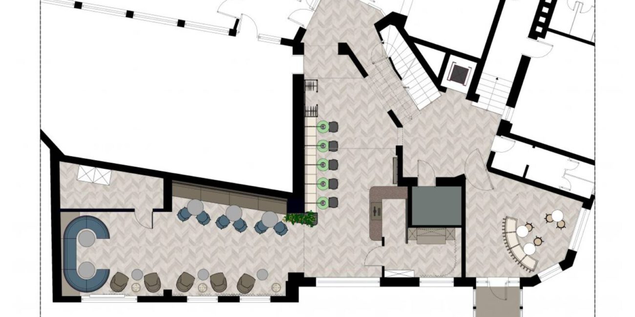 Grundriss mit Empfang, Sitzbereichen und Barplätzen der Lobby im Haus der Standesbeamten
