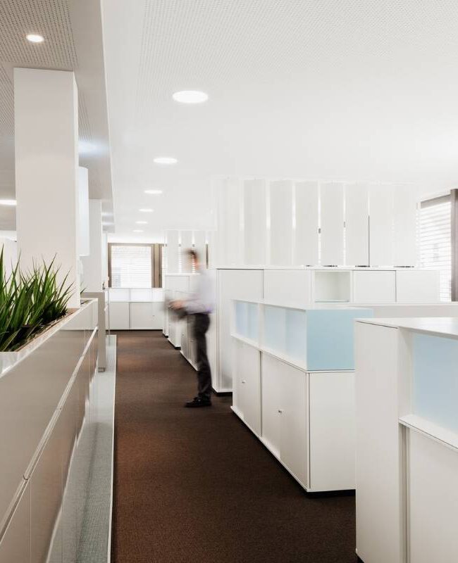 Offener Bürobereich mit Pflanztrögen, weißen Leuchten und Schrankzeilen, Raiffeisenbank Flieden