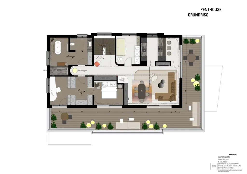 Grundriss des Penthouse B mit Wohn-Essbereich, Schlafzimmern, Bädern und umlaufender Terrasse