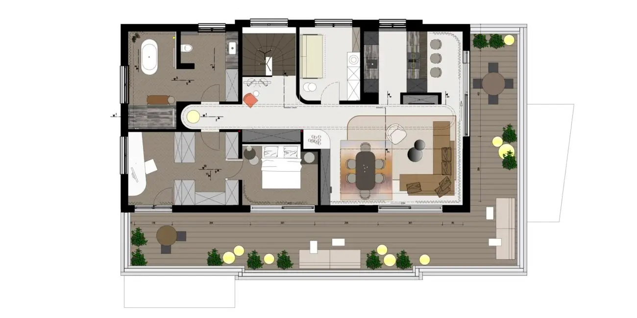Grundriss des Penthouse B mit Wohn-Essbereich, Schlafzimmern, Bädern und umlaufender Terrasse