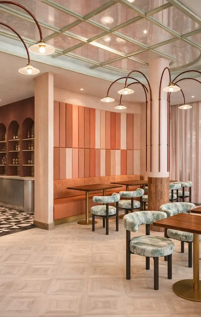 Visualisierung: Sitzbereich mit Holztischen, rosa Säulen und Wandnischen in der Café Studie
