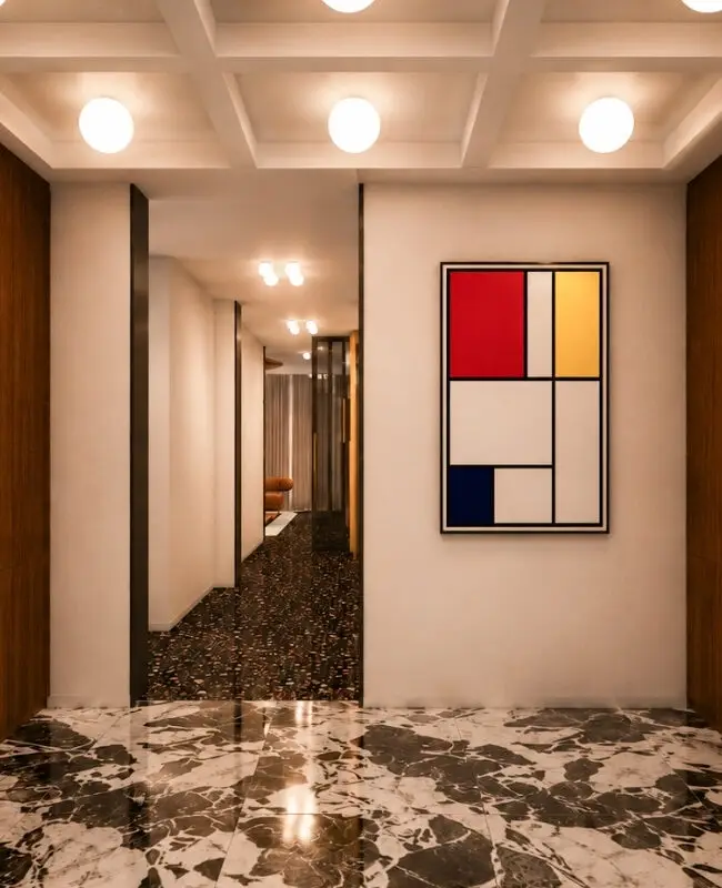 Visualisierung: Eingangshalle mit Marmorboden, Nussbaumwänden und Mondrian-Bild in der Villa W