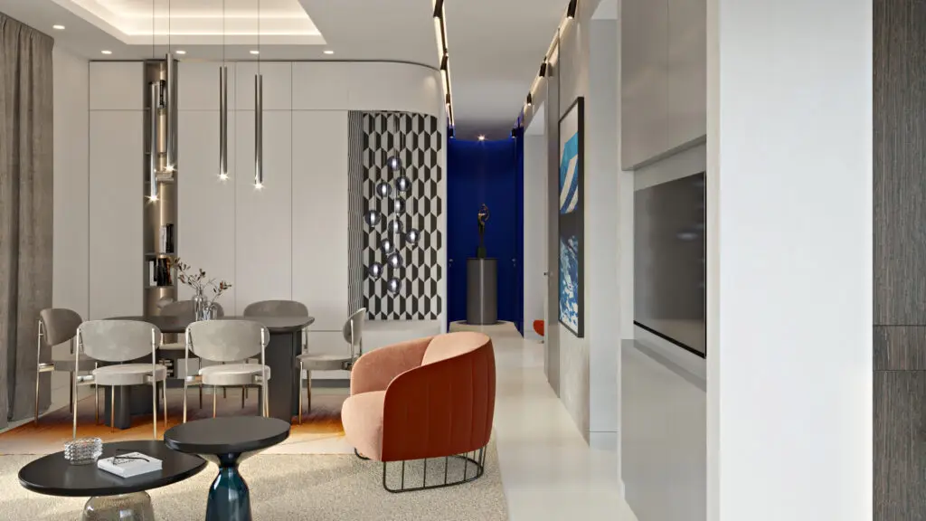 Visualisierung: Essplatz mit grauen Stühlen, Pendelleuchten und blauer Akzentwand im Penthouse B