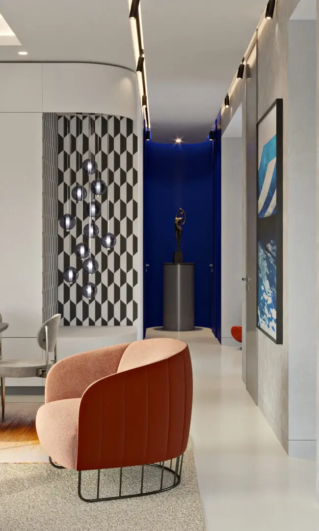 Visualisierung: Essplatz mit grauen Stühlen, Pendelleuchten und blauer Akzentwand im Penthouse B