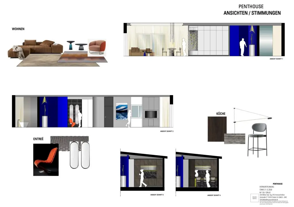 Präsentationstafel mit Ansichten und Stimmungen für Wohnen, Küche und Entrée im Penthouse B