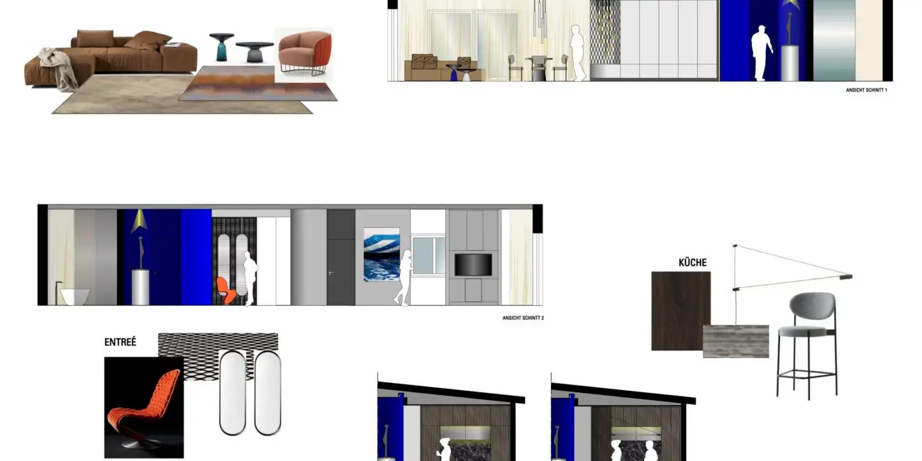 Präsentationstafel mit Ansichten und Stimmungen für Wohnen, Küche und Entrée im Penthouse B
