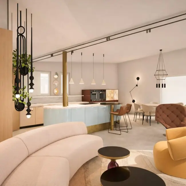 Visualisierung: Wohnraum mit geschwungenem Sofa, gelbem Sessel und Kücheninsel, Haus S Konzept