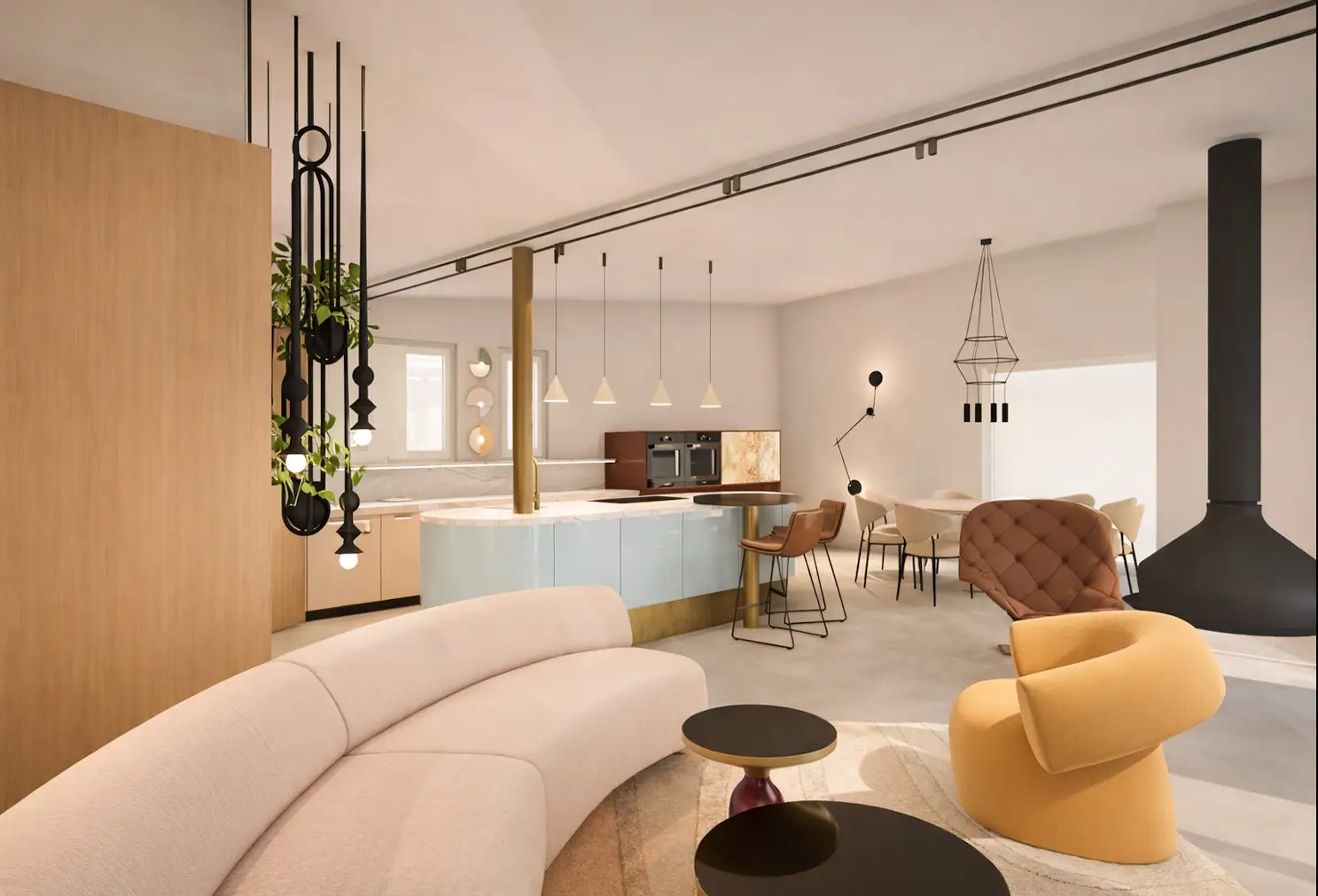 Visualisierung: Wohnraum mit geschwungenem Sofa, gelbem Sessel und Kücheninsel, Haus S Konzept