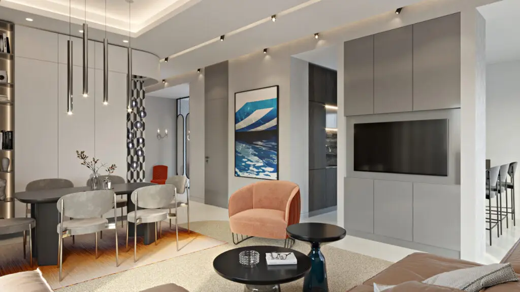 Visualisierung: Wohnraum mit Medienwand, Essplatz und terrakottafarbenem Sessel im Penthouse B