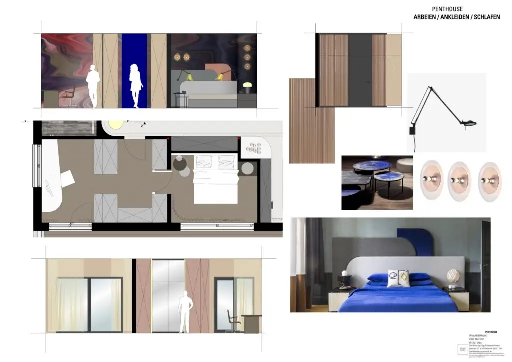 Präsentationstafel mit Grundriss und Materialien für Arbeiten, Ankleiden und Schlafen im Penthouse B