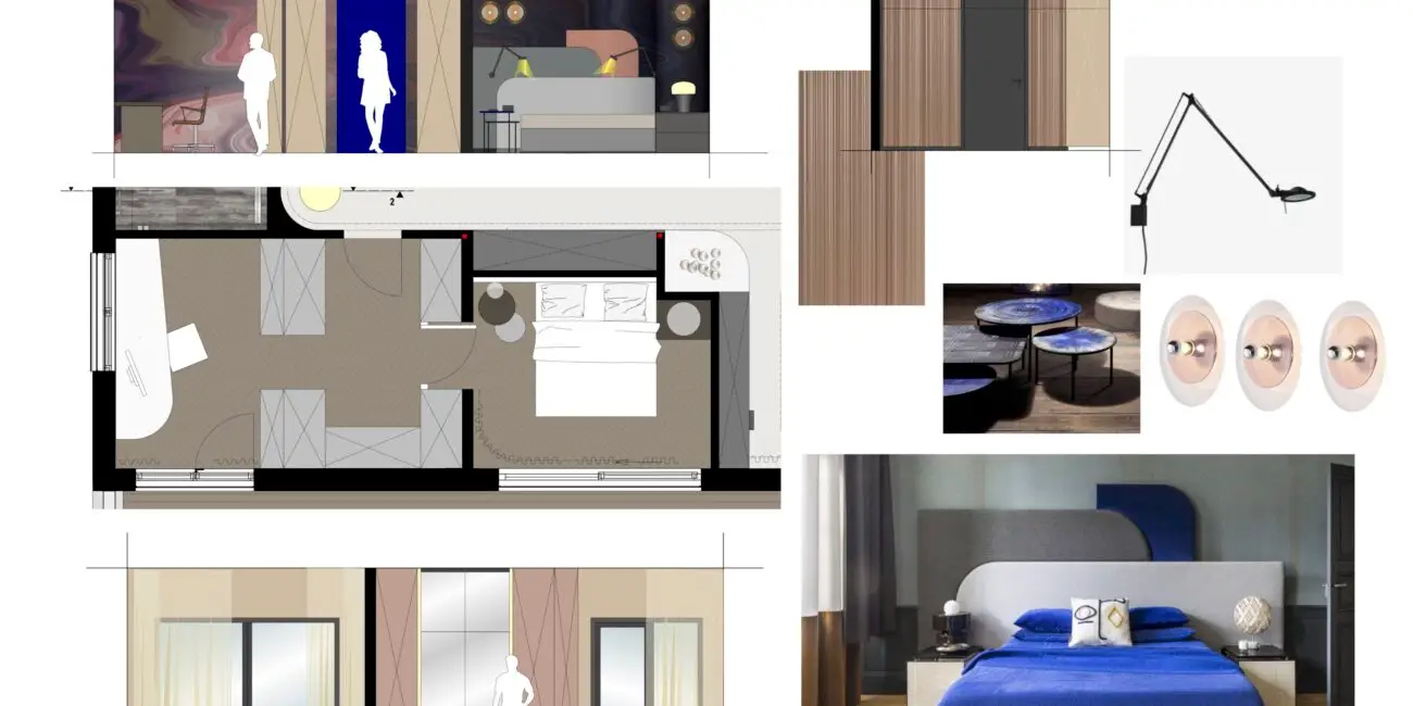 Präsentationstafel mit Grundriss und Materialien für Arbeiten, Ankleiden und Schlafen im Penthouse B