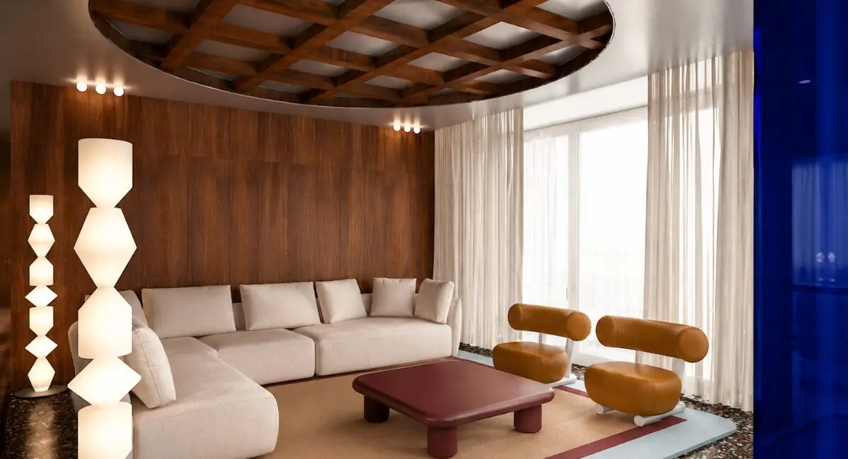 Visualisierung: Wohnzimmer mit Kassettendecke, hellem Ecksofa und Lederfauteuils in der Villa W