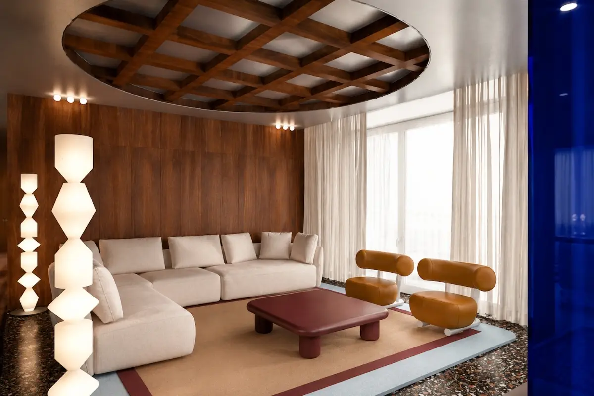 Visualisierung: Wohnzimmer mit Kassettendecke, hellem Ecksofa und Lederfauteuils in der Villa W