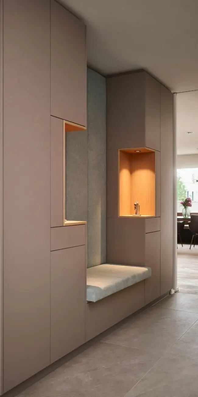 Garderobe mit Sitzbank und beleuchteter Nische in grauem Einbau im Haus R in Fulda