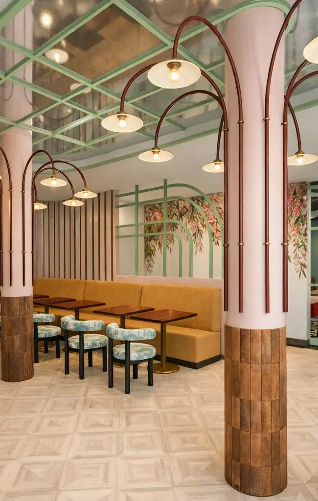 Visualisierung: Gastraum mit verspiegelter Decke, Bogenleuchten und gemusterten Stühlen in der Café Studie