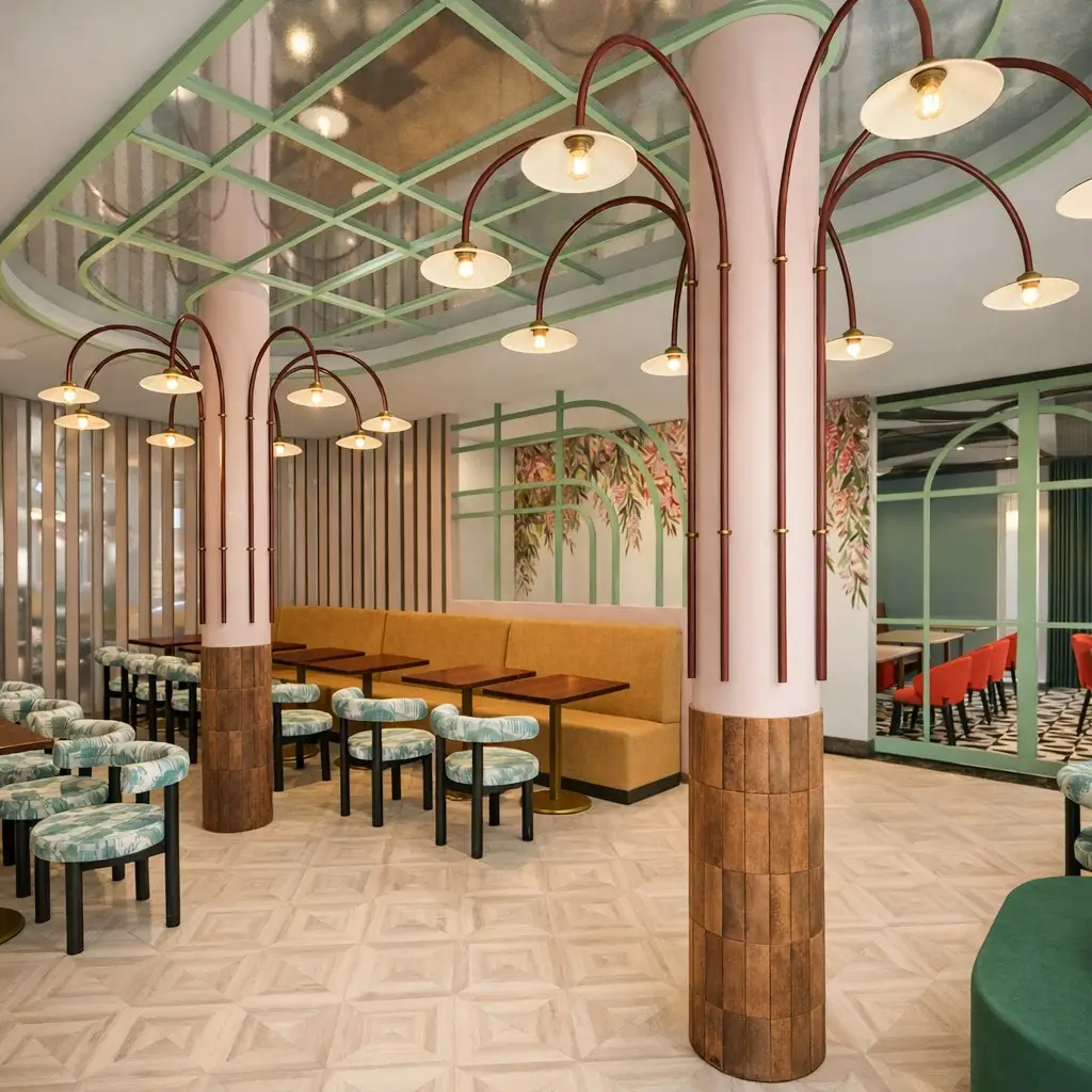 Visualisierung: Gastraum mit verspiegelter Decke, Bogenleuchten und gemusterten Stühlen in der Café Studie