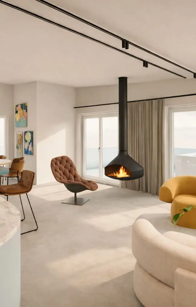 Visualisierung: Marmorinsel, Hängekamin und Lounge-Sessel im offenen Wohnraum des Haus S Konzepts