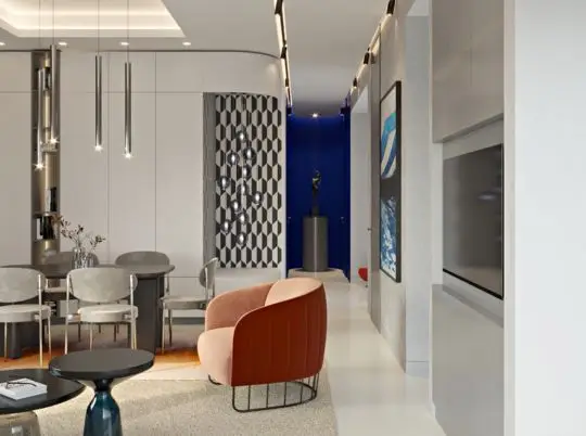 Visualisierung des Wohnraums mit Sessel, Pendelleuchten und blauer Akzentwand im Penthouse B